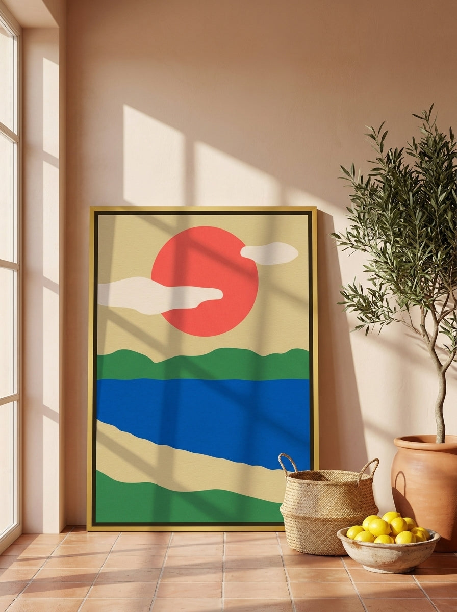 Oversized statement canvas wall art with a gold leaf surround leaning against the wall in a Mediterranean living room
