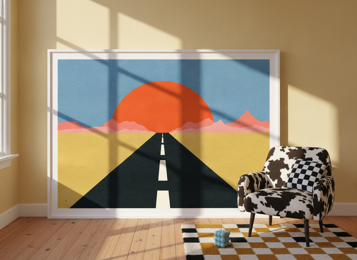 Oversized statement modern wall art print leaning against the wall in a colourful eclectic living room
