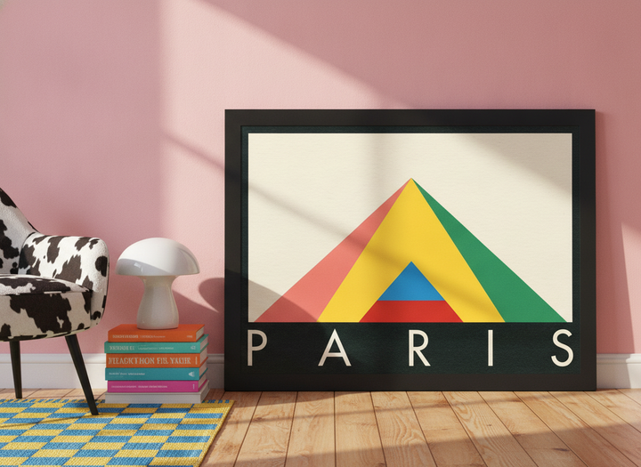 Modern wall art print leaning against the wall in a colourful eclectic home office