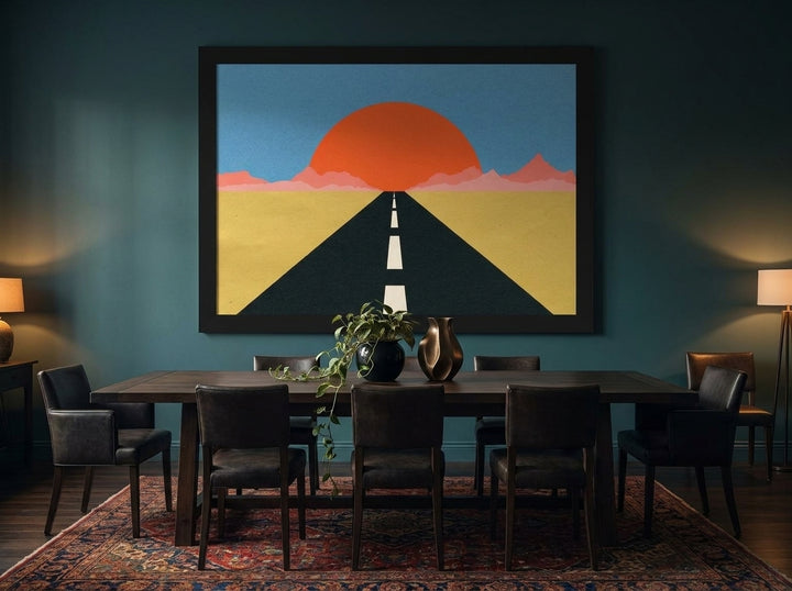 Oversized statement modern wall art print styled on the wall in a moody dining room