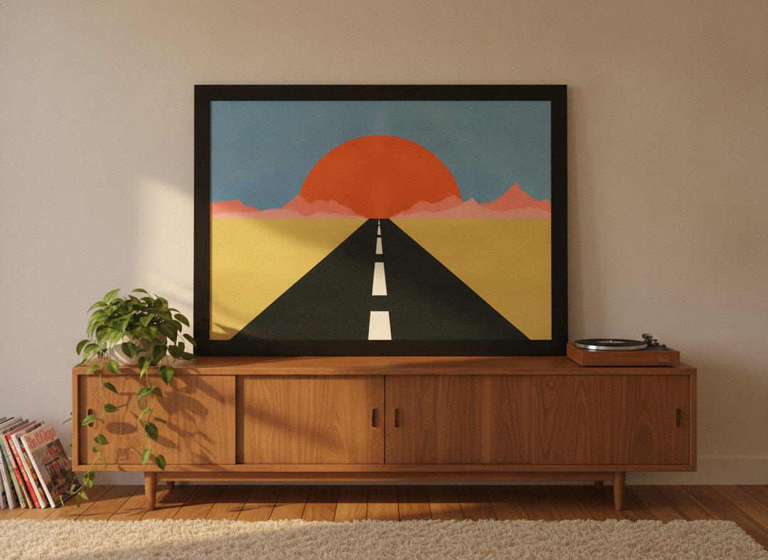 Modern wall art print standing on a sideboard in a retro 70s home office