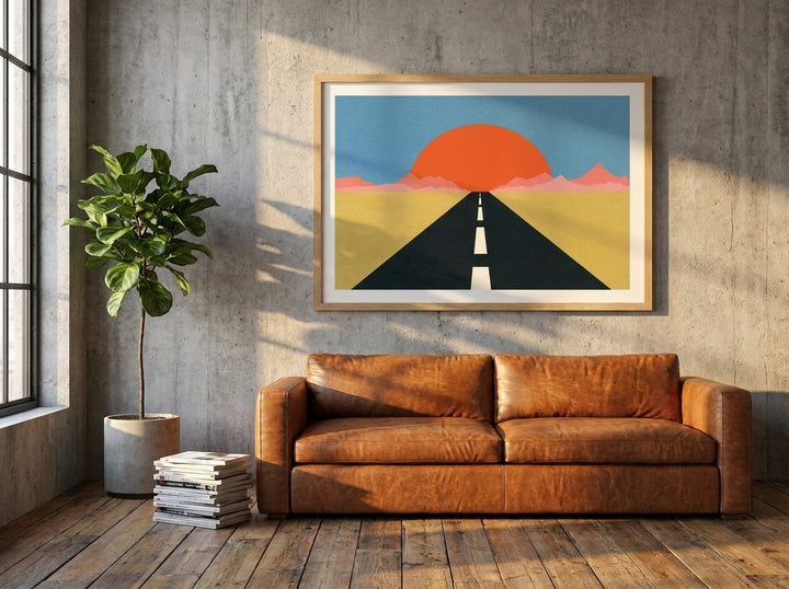 Modern wall art print styled on the wall in an industrial loft living room