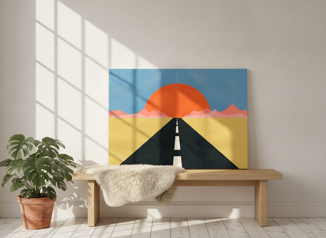 Stretched canvas wall art standing on a bench in a bright Scandinavian home office