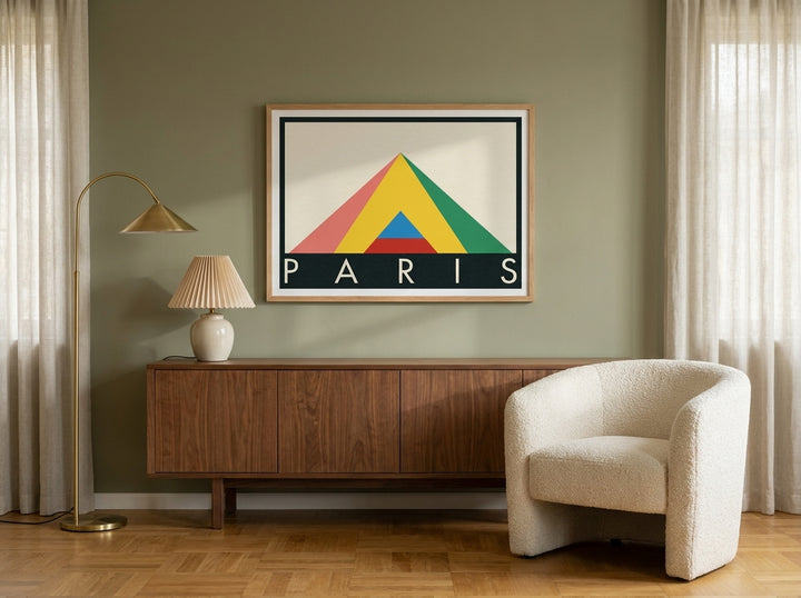 Modern wall art print styled on the wall in a mid-century living room