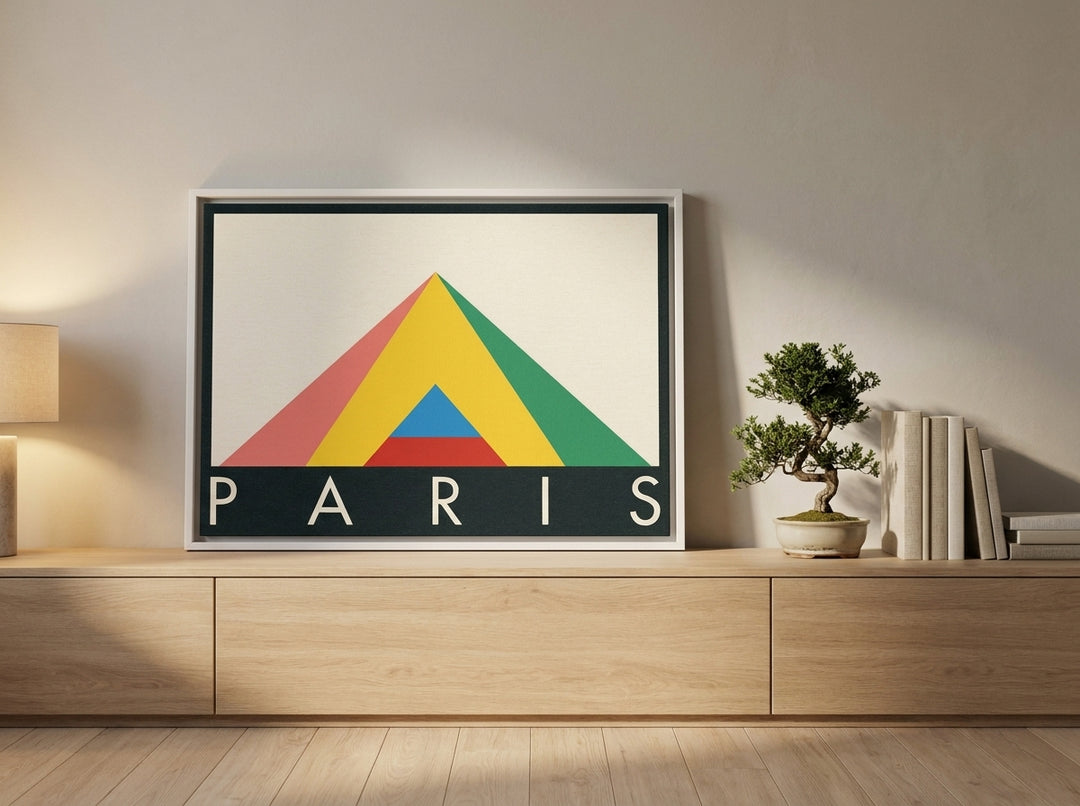 Canvas wall art with a white surround standing on a sideboard in a warm Japandi bedroom