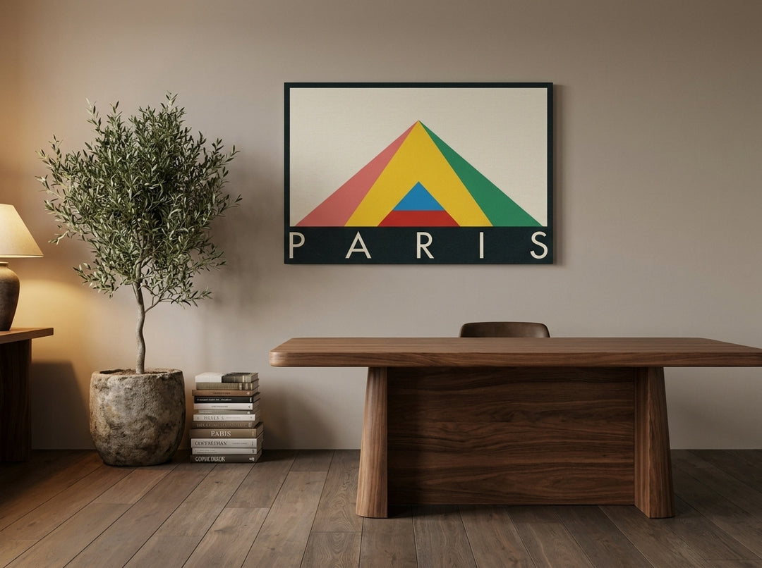 Stretched canvas wall art styled on the wall in a luxe home office