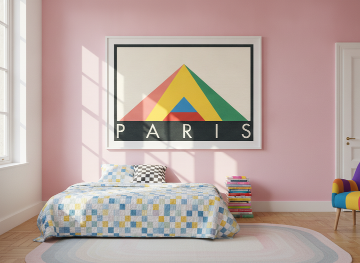 Oversized statement modern wall art print styled on the wall in a colourful eclectic bedroom