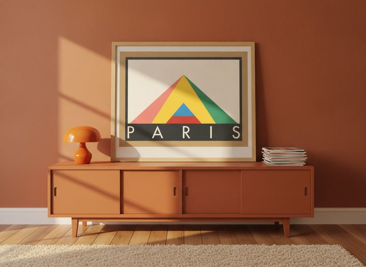 Modern wall art print standing on a sideboard in a retro 70s dining room