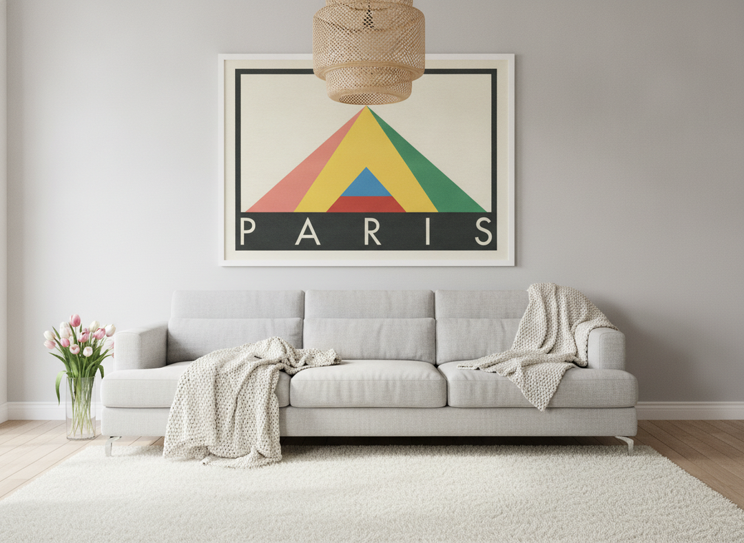 Oversized statement modern wall art print styled on the wall in a bright Scandinavian living room