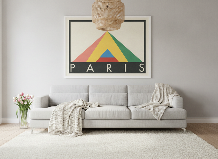 Oversized statement modern wall art print styled on the wall in a bright Scandinavian living room