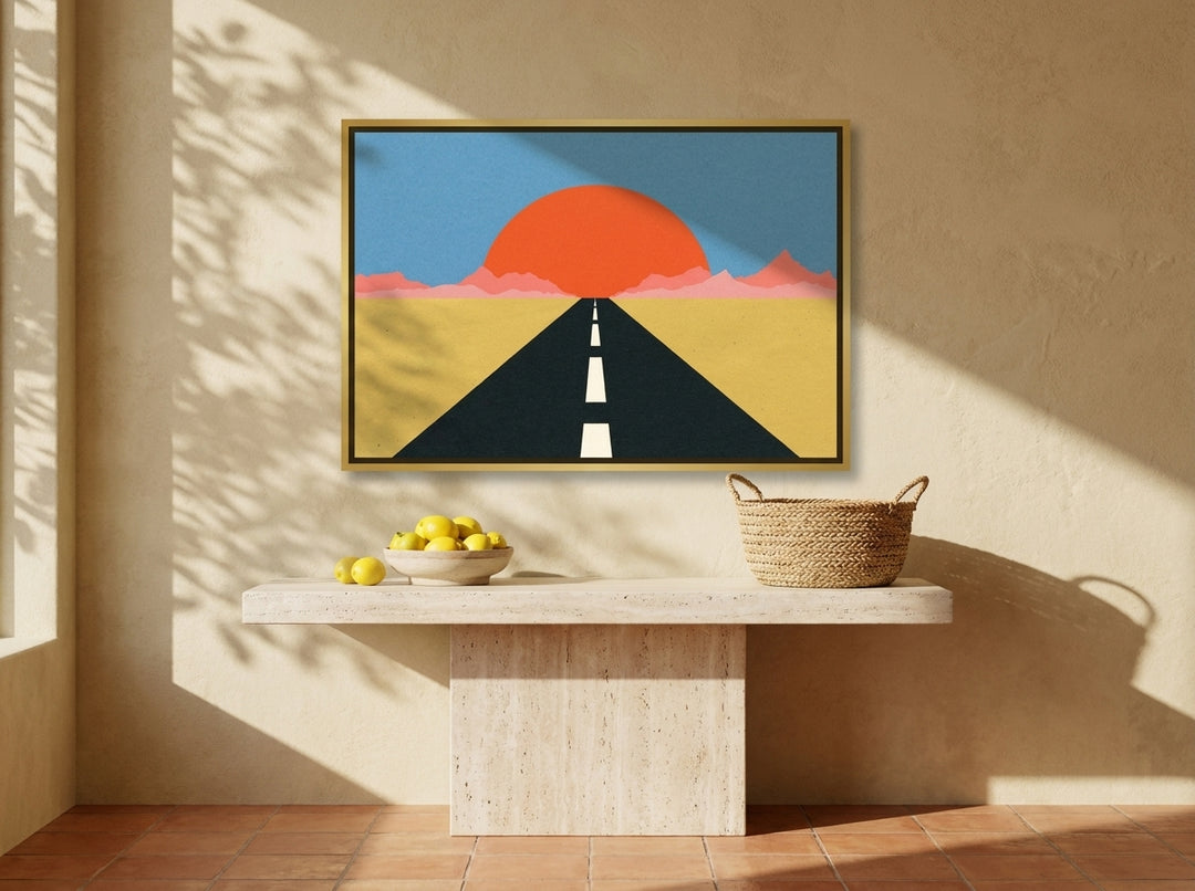 Canvas wall art with a gold leaf surround styled on the wall in a Mediterranean living room