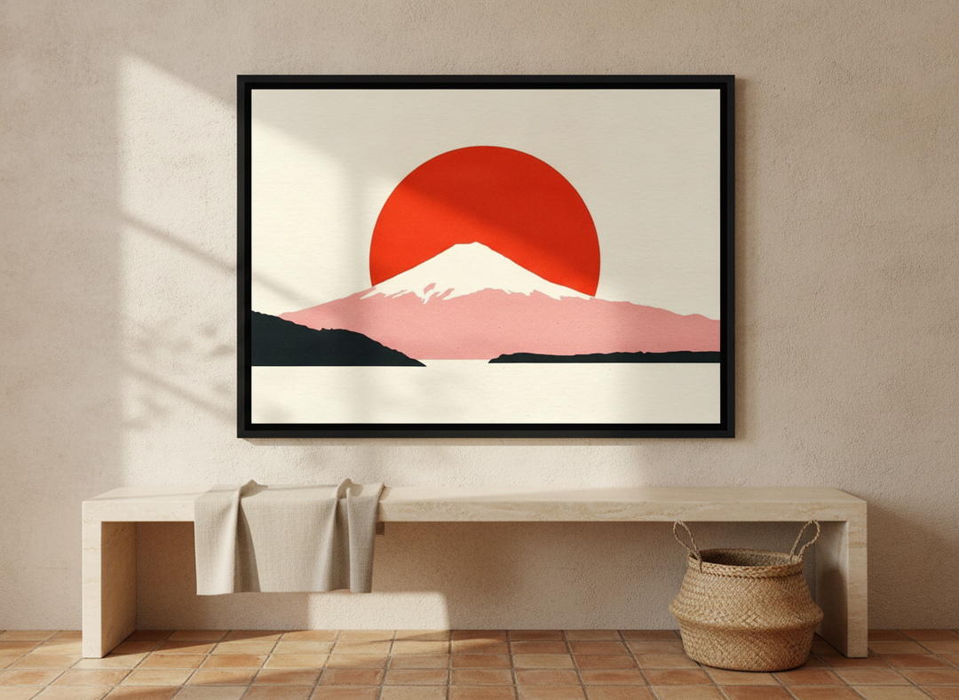Canvas wall art with a black surround styled on the wall in a Mediterranean living room