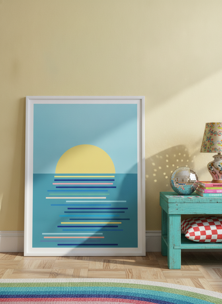 Modern wall art print standing on a side table in a colourful eclectic home office