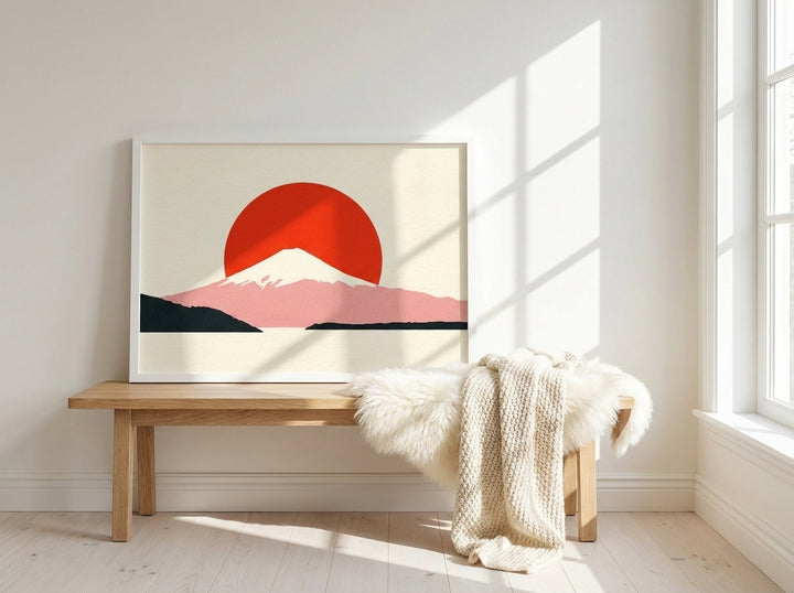 Modern wall art print standing on a bench in a bright Scandinavian bedroom