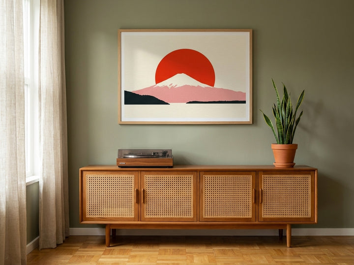 Modern wall art print styled on the wall in a mid-century living room