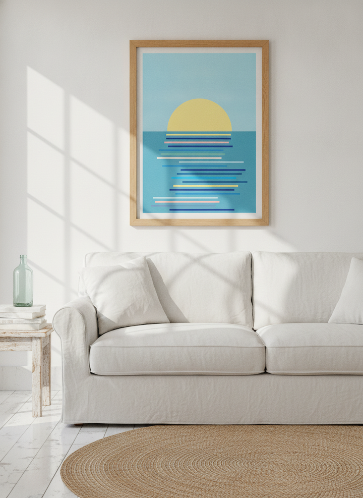 Modern wall art print styled on the wall in a coastal living room