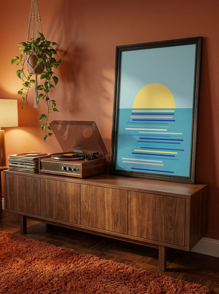 Modern wall art print standing on a sideboard in a retro 70s bedroom