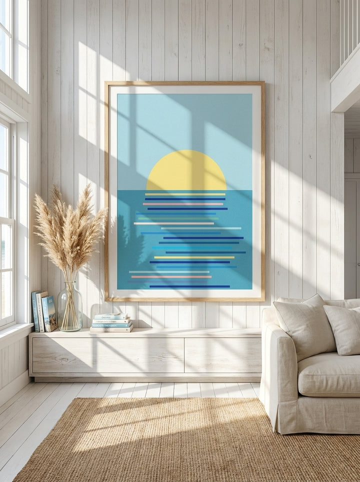Oversized statement modern wall art print styled on the wall in a coastal living room