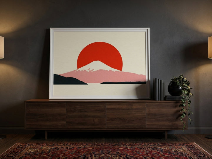 Modern wall art print standing on a sideboard in a moody home office