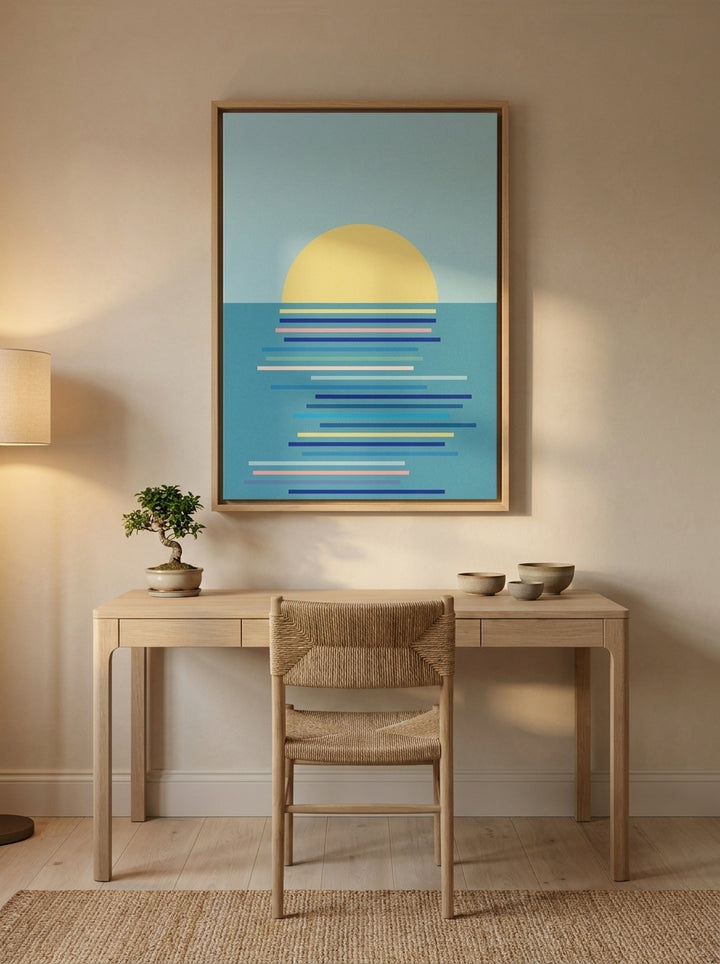 Canvas wall art with a natural timber surround styled on the wall in a warm Japandi home office