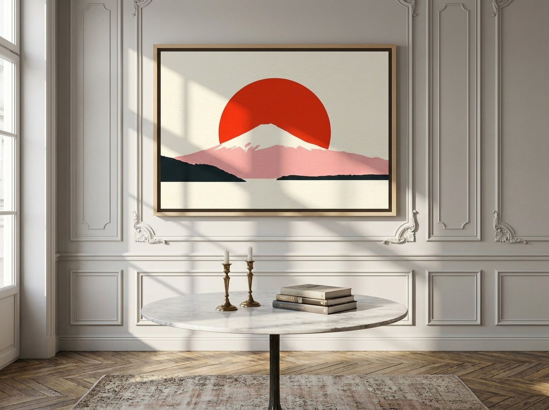 Oversized statement canvas wall art with a natural timber surround styled on the wall in a Parisian dining room