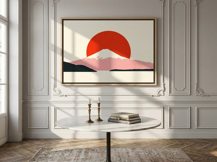 Oversized statement canvas wall art with a natural timber surround styled on the wall in a Parisian dining room