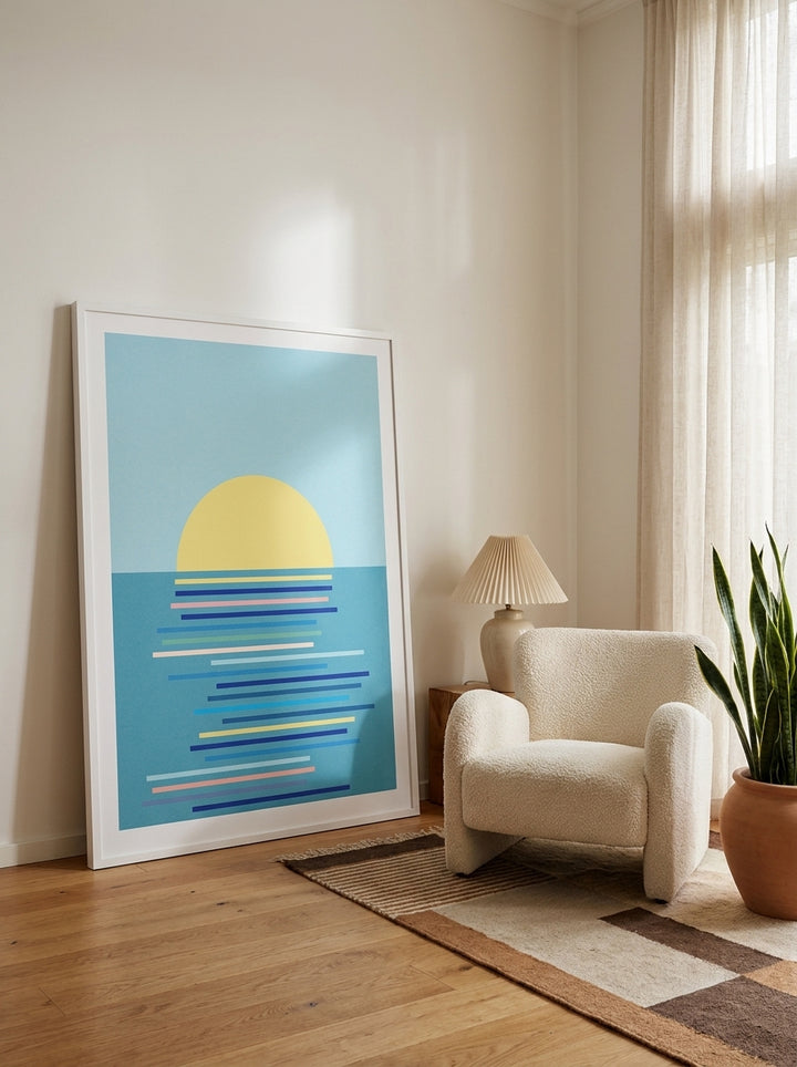 Oversized statement modern wall art print leaning against the wall in a mid-century living room