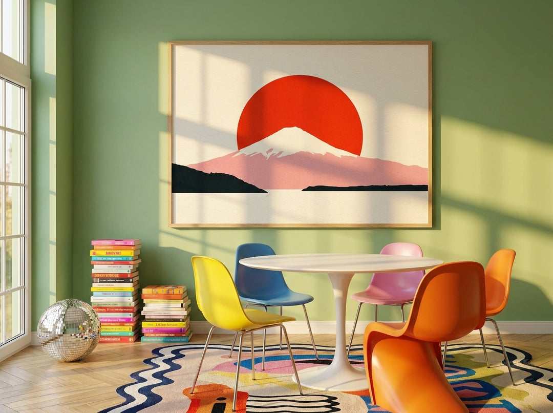 Oversized statement modern wall art print styled on the wall in a colourful eclectic dining room