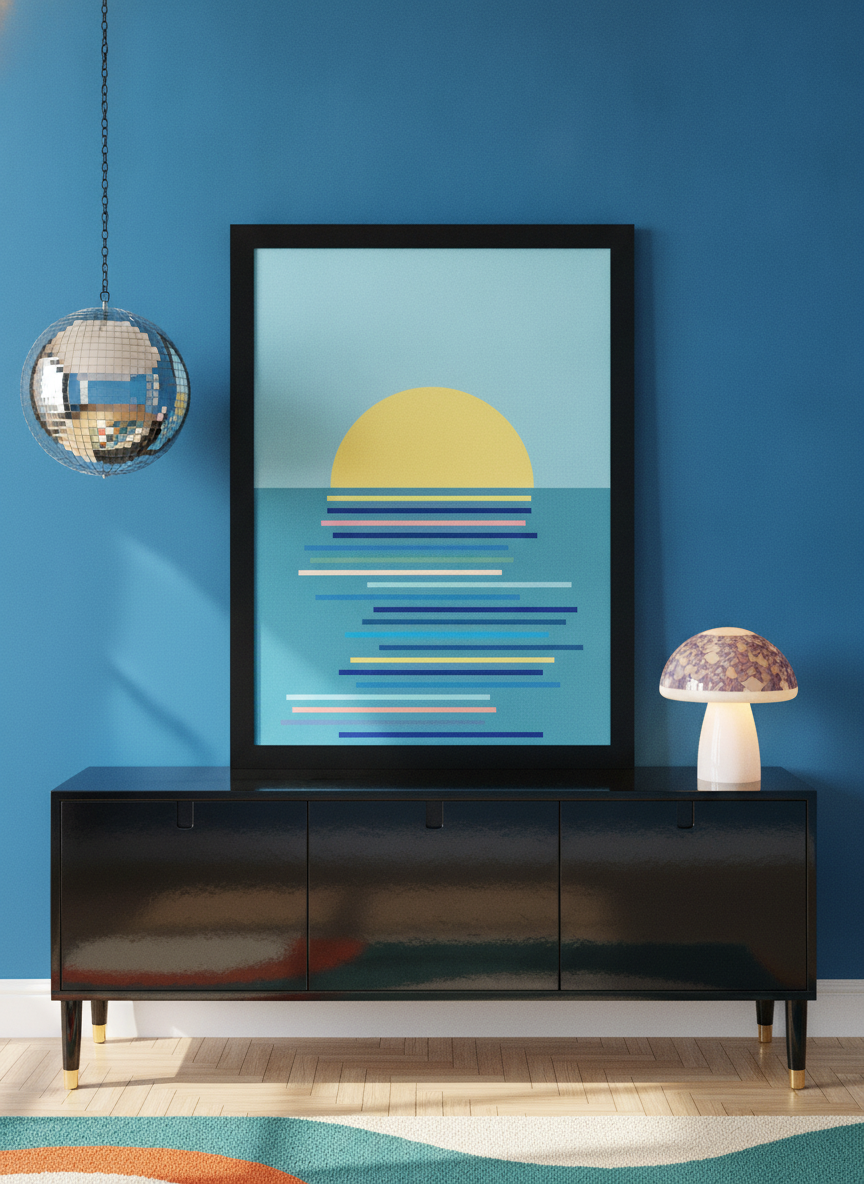 Modern wall art print standing on a sideboard in a colourful eclectic bedroom