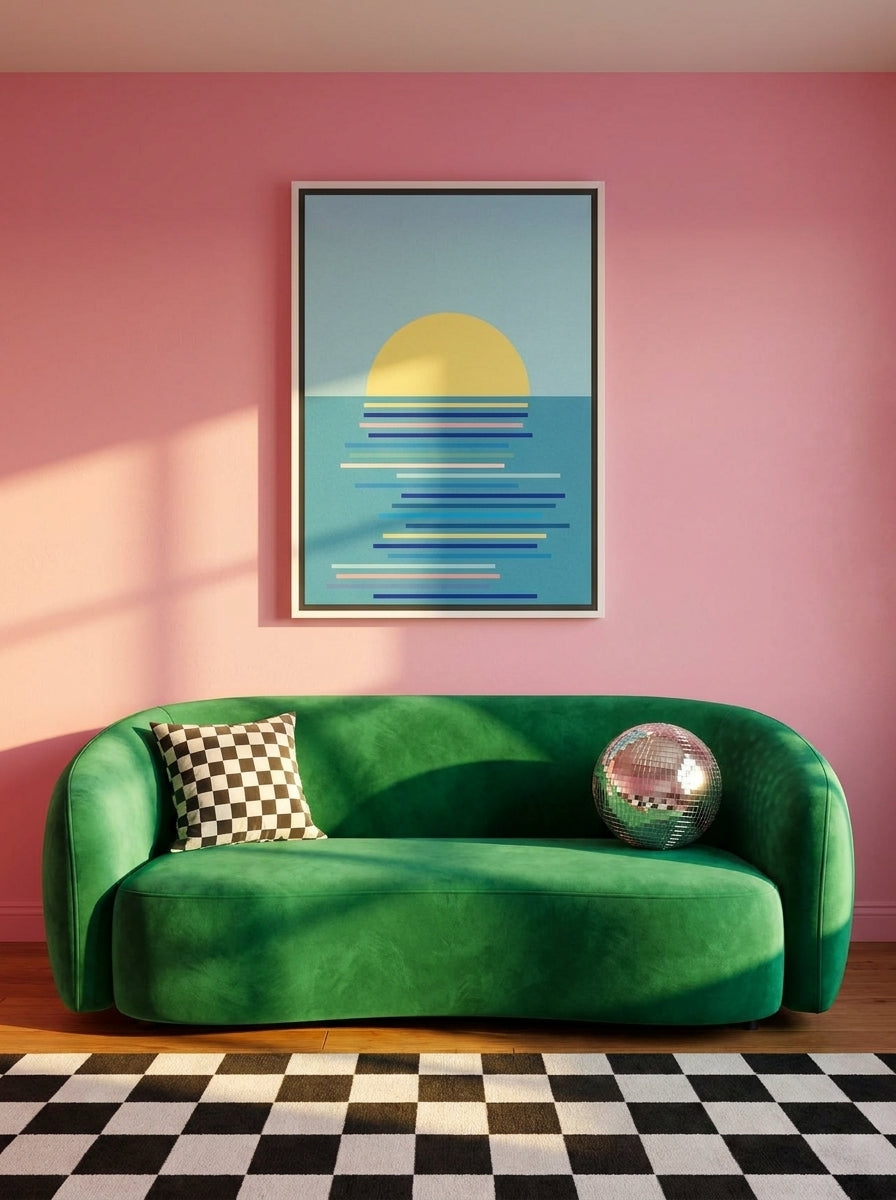 Canvas wall art with a white surround styled on the wall in a colourful eclectic living room