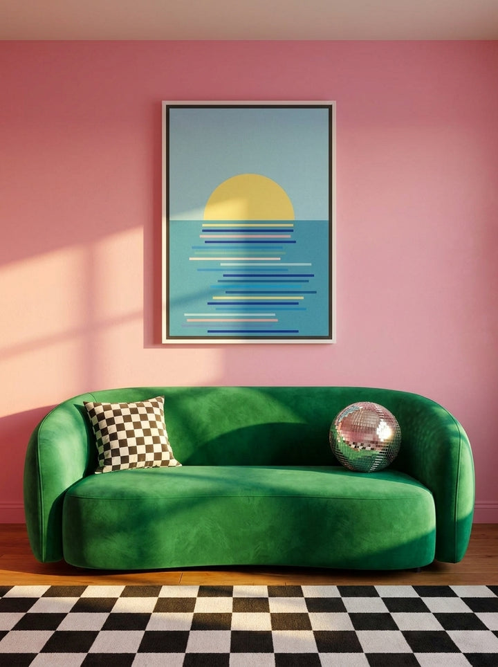 Canvas wall art with a white surround styled on the wall in a colourful eclectic living room