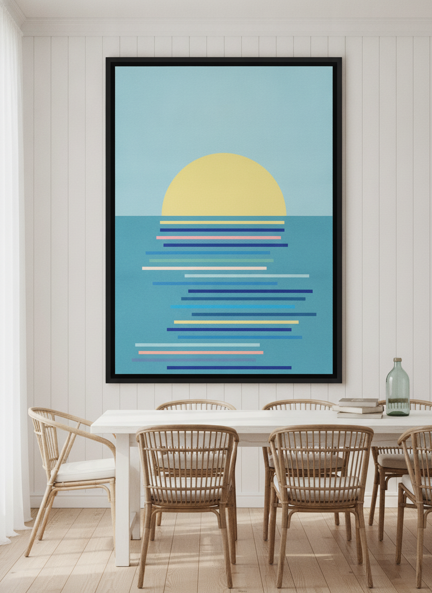 Oversized statement canvas wall art with a black surround styled on the wall in a coastal dining room
