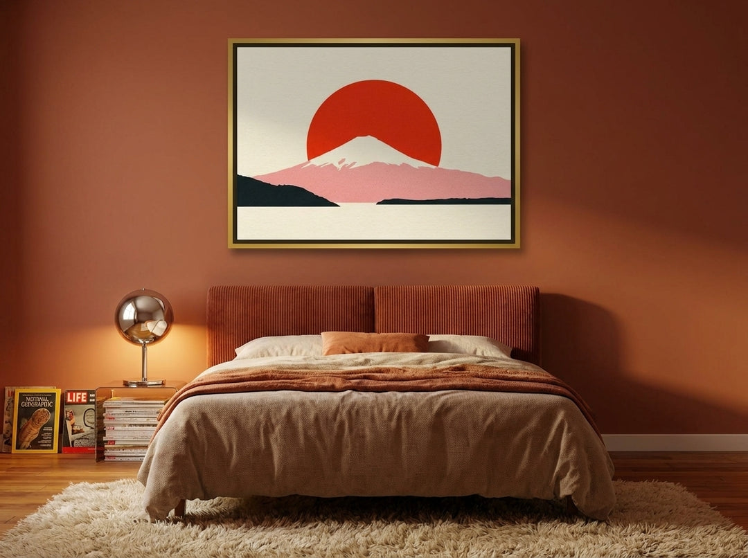 Canvas wall art with a gold leaf surround styled on the wall in a retro 70s bedroom