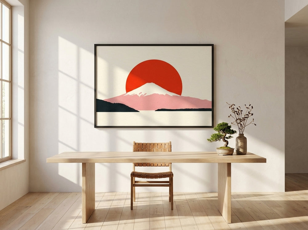 Oversized statement modern wall art print styled on the wall in a warm Japandi home office