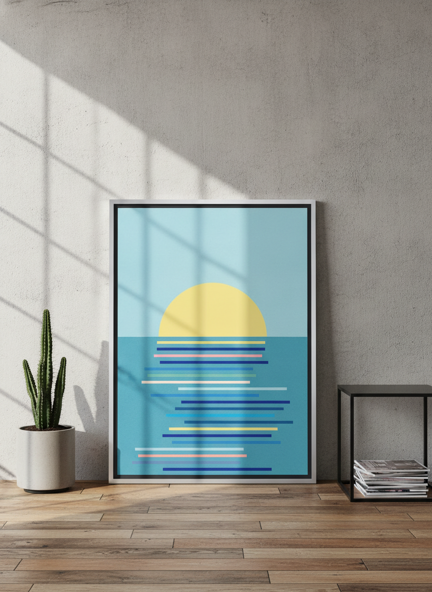 Canvas wall art with a silver leaf surround leaning against the wall in an industrial loft bedroom