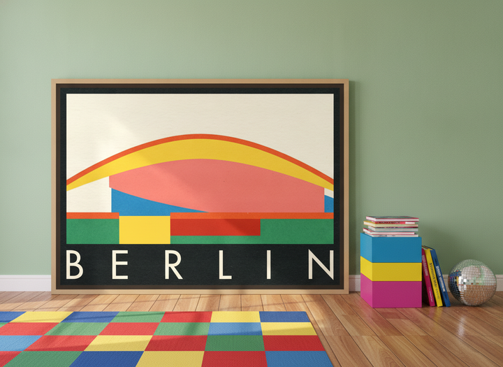 Oversized statement canvas wall art with a natural timber surround leaning against the wall in a colourful eclectic bedroom