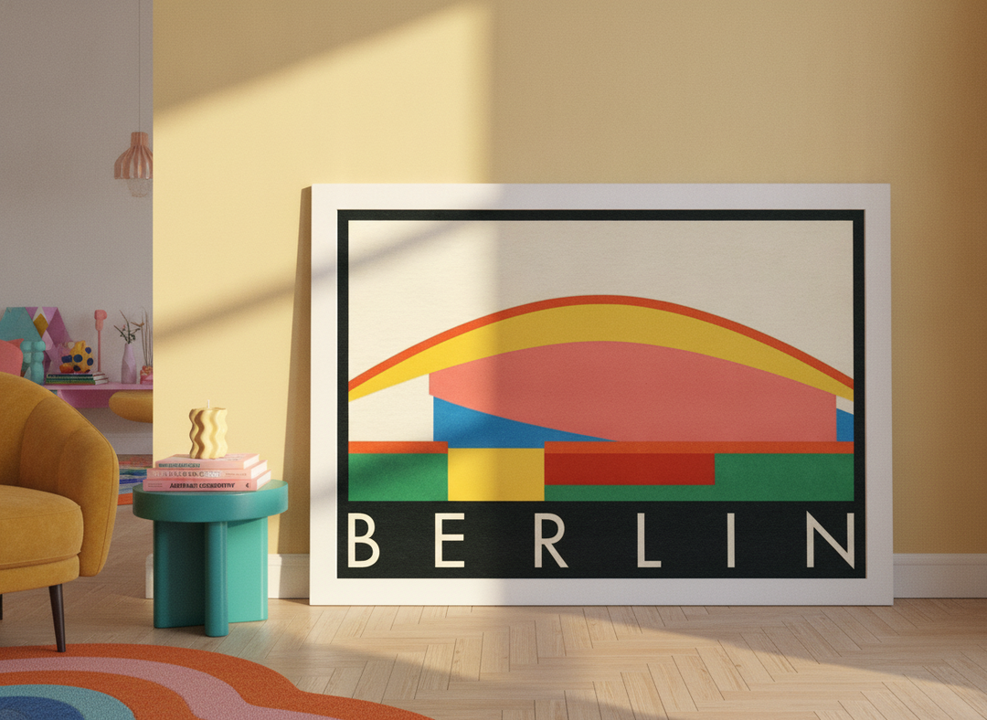 Oversized statement modern wall art print leaning against the wall in a colourful eclectic living room