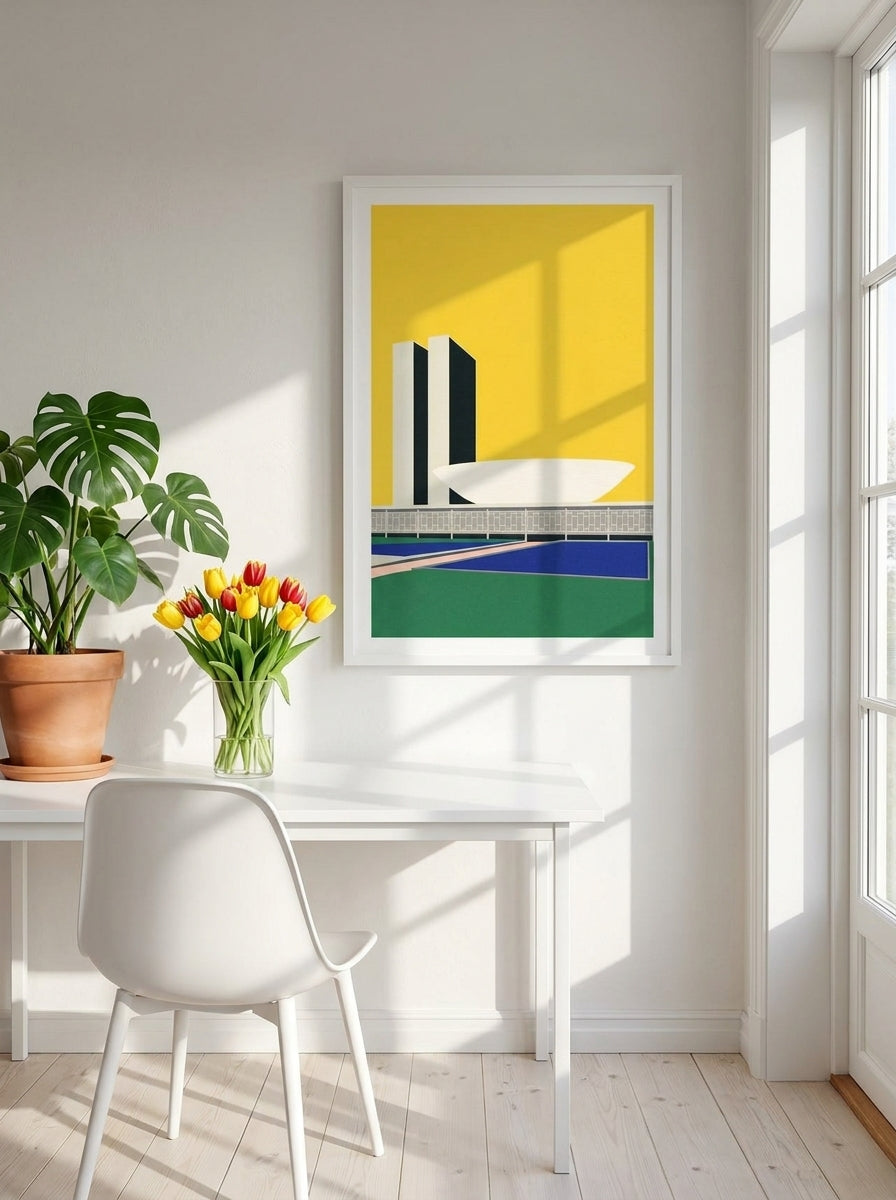 Modern wall art print styled on the wall in a bright Scandinavian home office