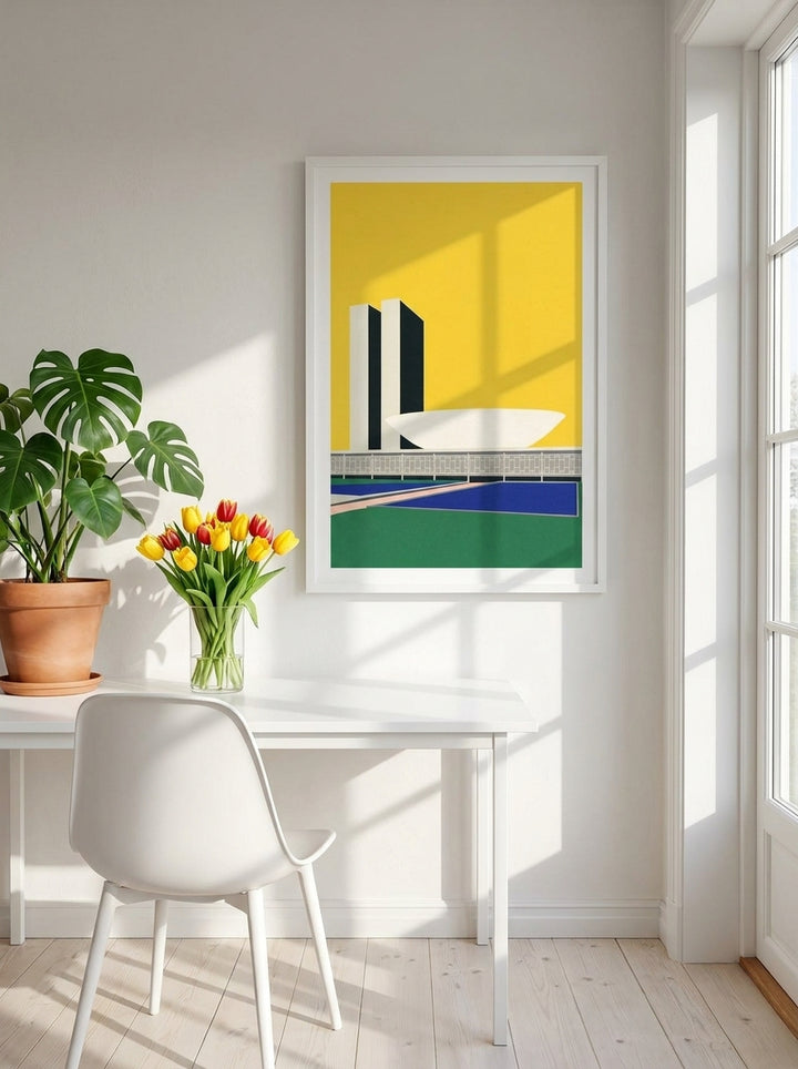 Modern wall art print styled on the wall in a bright Scandinavian home office