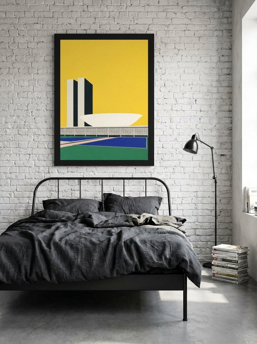Modern wall art print styled on the wall in an industrial loft bedroom