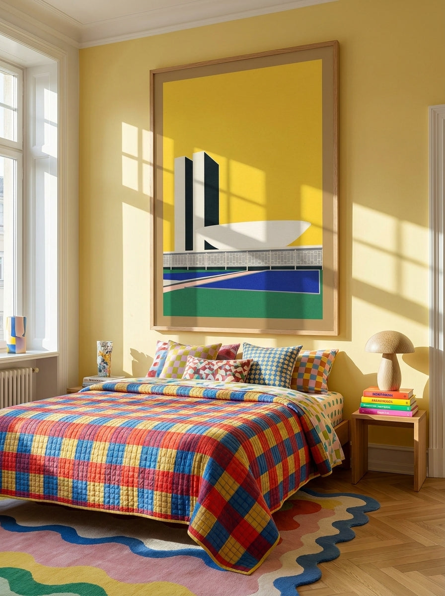 Oversized statement modern wall art print styled on the wall in a colourful eclectic bedroom