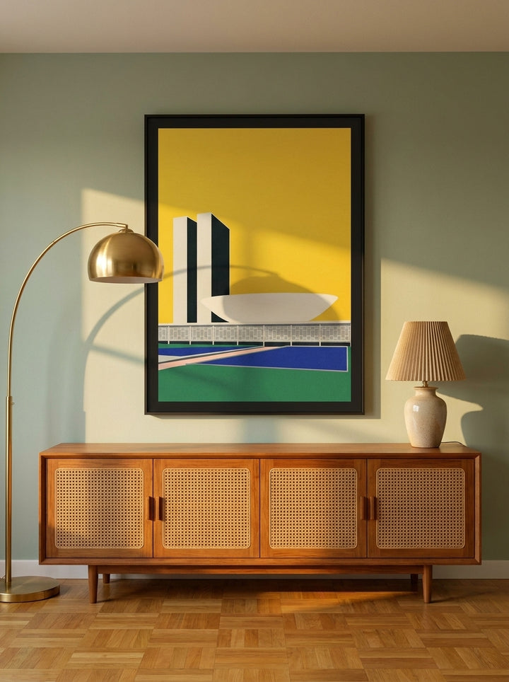 Oversized statement modern wall art print styled on the wall in a mid-century living room
