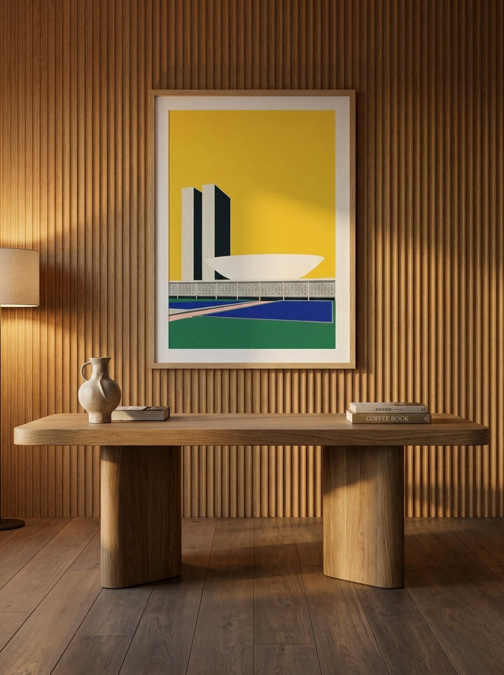 Modern wall art print styled on the wall in a luxe home office