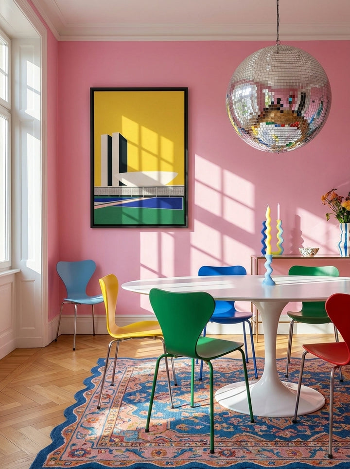 Canvas wall art with a black surround styled on the wall in a colourful eclectic dining room