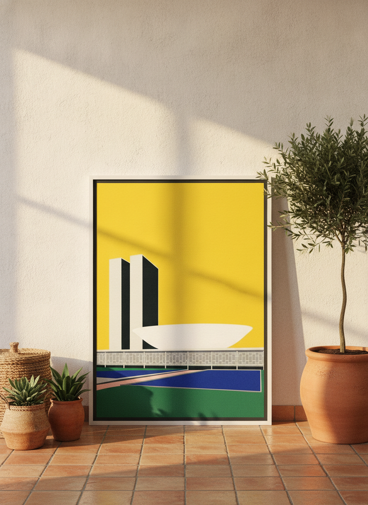 Canvas wall art with a white surround leaning against the wall in a Mediterranean bedroom