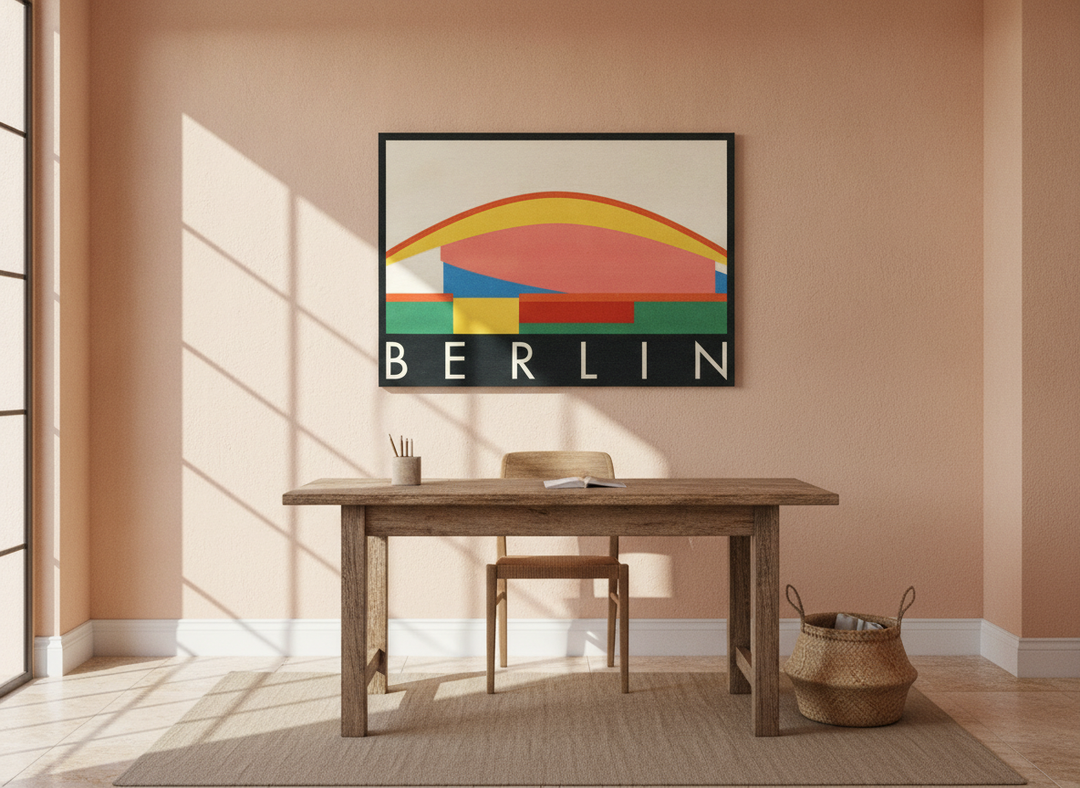 Stretched canvas wall art styled on the wall in a Mediterranean home office