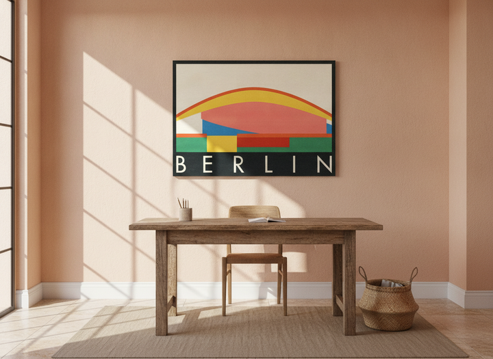 Stretched canvas wall art styled on the wall in a Mediterranean home office