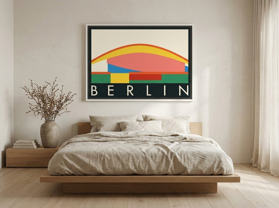Canvas wall art with a white surround styled on the wall in a warm Japandi bedroom