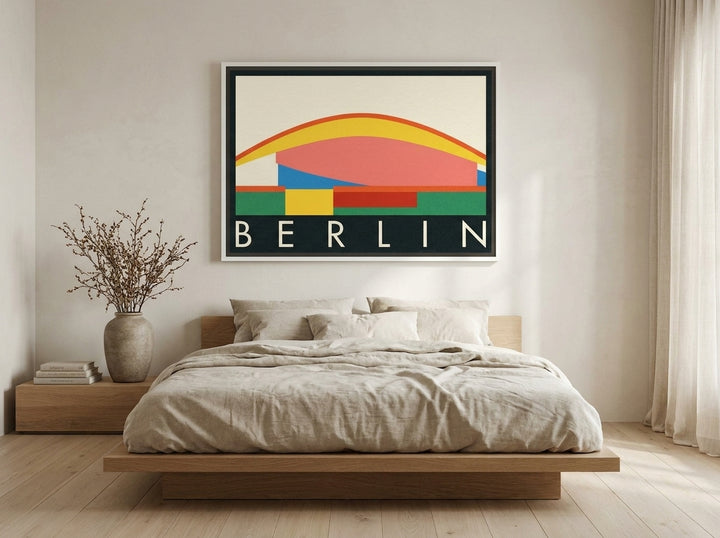 Canvas wall art with a white surround styled on the wall in a warm Japandi bedroom