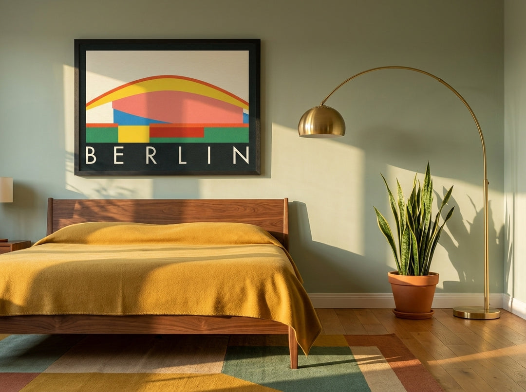 Modern wall art print styled on the wall in a mid-century bedroom